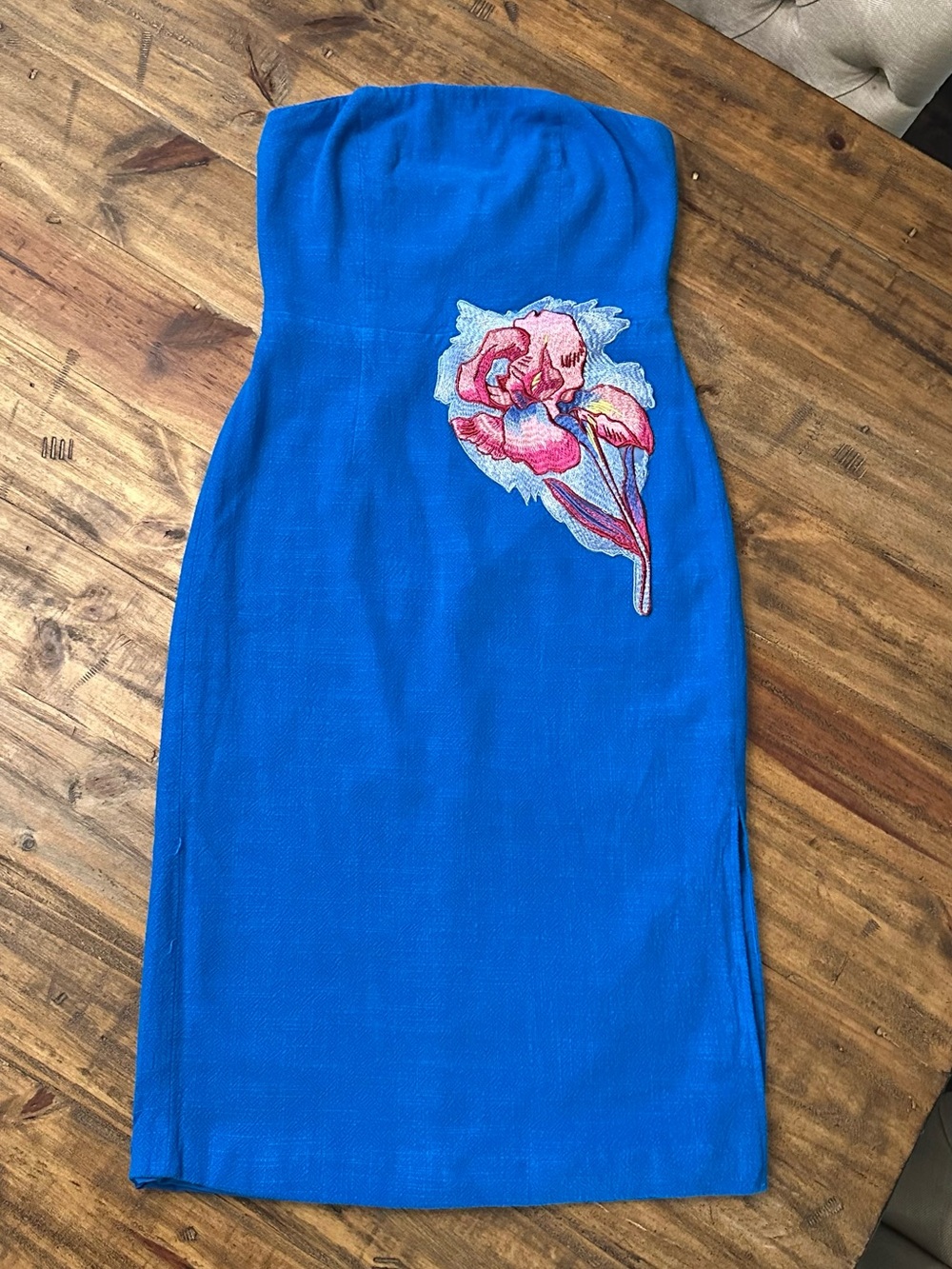 MOTF Strapless Royal Blue Dress with Pink Floral Applique